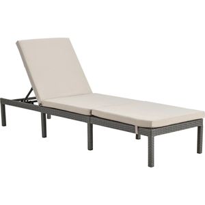 In And OutdoorMatch Ligbed Myles - Ligbed - Zonnebed - 198x60x27 cm - Beige en Dakr Grey - Staal, Polyrattan en Stof - Verstelbare rugleuning