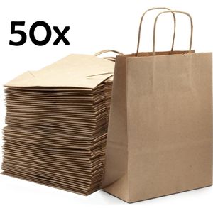 PrimeAmbition Kraft Papieren Tasjes Met Handvat – Zakjes – 50 Stuks – Bruin – 18x8x24 cm – Cadeautasjes