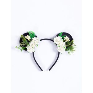 KIMU Haarband Mouse Oortjes Bloemetjes Wit Strass Steentjes - Diamantjes Bloemen Bloemenkrans Oren Minnie Bruidsmeisje - Diadeem Muis Minny - Zwarte Oortjes Micky Festival