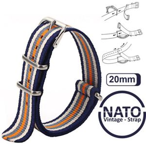 Stijlvolle 20mm Premium Nato Blauw Wit Oranje gestreept Horlogeband: Ontdek de Vintage James Bond Look! Perfect voor Mannen, uit onze Exclusieve Nato Strap Collectie!
