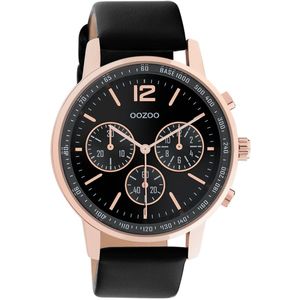 OOZOO Timepieces - Rosé goudkleurige horloge met zwarte leren band - C10814
