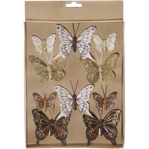 30x stuks Decoratie vlinders op clip bruin/goud - vlindertjes decoraties - Kerstboomversiering / woondecoratie / knutsel/hobby