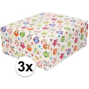 3x Inpakpapier/cadeaupapier wit met gekleurde uiltjes + gekleurde sterretjes 200 x70 cm per rol - kadopapier/cadeaupapier/papier