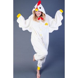 Let op: B-Keuze - KIMU Onesie Kip Pakje - Maat 116-122 - Kippenpak Kostuum Wit Ei Pak - Kinder Zacht Fleece Huispak Dierenpak Jumpsuit Festival