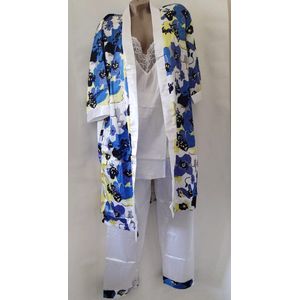 Dames satijn pyjama set 3 delige met kimono XXL 42-44 wit/blauw/geel