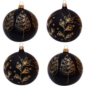 Zwarte Kerstballen met Gouden Blad Decoratie en Gouden Glitter Decoratie - Doosje met 4 glazen kerstballen