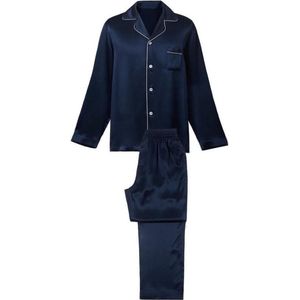 Heren zijden pyjama set (lange mouwen, lange broek), Marine blauw, M