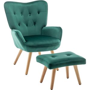 Fauteuil met kruk, woonkamerstoel, relaxstoel, gestoffeerde stoel, fluwelen accentstoel met voetenbank, loungestoel, leesstoel voor slaapkamer, groen