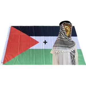 Palestijnse Vlag 90x150 cm + Palestijnse Kufiya/Keffiyeh met Witte Flossen Zwart/Wit 127x127 cm, Arafat Sjaal, Shemagh, Palestina Sjaal, Arabische Sjaal Combi Deal