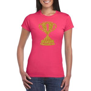 Gouden kampioens beker / nummer 1  t-shirt / kleding - roze - voor dames - Nr.1 - kampioens shirts / winnaars / outfit XS