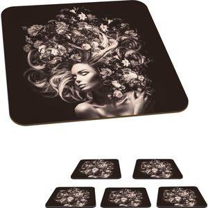 Onderzetters voor glazen - Bloemen - Vrouw - Natuur - 10x10 cm - Glasonderzetters - 6 stuks