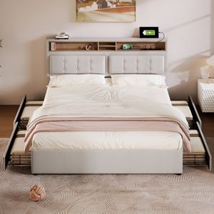 Sweiko Tweepersoonsbed met 4-lades& USB C aansluiting, gestoffeerd bed 140x200cm, in hoogte verstelbaar hoofdeinde, houten lattenboden (zonder matras)