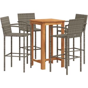 vidaXL 5-delige Tuinbarset massief acaciahout en poly rattan grijs - Bartafel - Bartafels - Statafel - Hoge Tafel