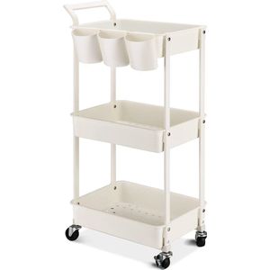 Keukenwagen 3 etages, serveerwagen Utility Cart met wieltjes, trolley met 3 rolplanken, multifunctionele trolley voor keuken, make-up, badkamer, kantoor, wit