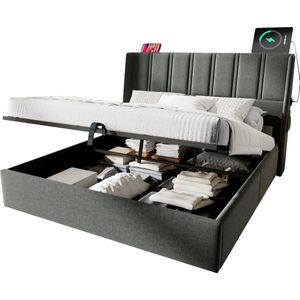 Merax Tweepersoonsbed 140x200 cm met Hydraulisch Opbergruimte Lattenbodem - Luxe Gestoffeerd Bed met USB-C Aansluiting en Hoofdbord - Grijs