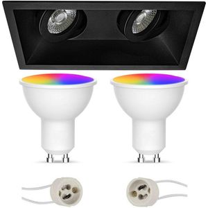 LED Spot Set GU10 - Oficto - Smart LED - Wifi LED - Slimme LED - 5W - RGB+CCT - Aanpasbare Kleur - Dimbaar - Afstandsbediening - Proma Zano Pro - Inbouw Rechthoek Dubbel - Mat Zwart - Kantelbaar - 185x93mm