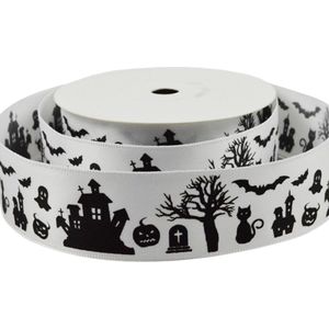 Halloween Lint | Luxe Satijnlint 25mm (2,5cm) | Spook Griezel Satijn Lint | Wit Zwart Halloweenlint | Cadeaulint | Decoratielint | Rol: 10 Meter