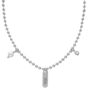 Cadeau voor haar - Victoria Cruz A4525-07HG Zilveren Ketting met tekst MOM - Parel 5mm - Kristal 4mm - Bolletjes 2,5mm - 45+5cm - Rhodium - Zilver