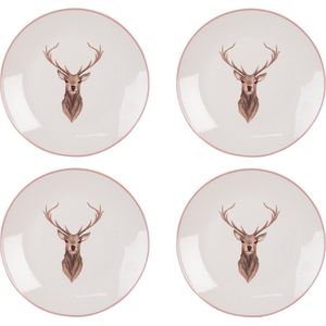 HAES DECO - Ontbijtborden set van 4 - Formaat Ø 20x2 cm - kleuren Beige - Bedrukt Porselein - Collectie: Cosy Lodge - Servies, kleine borden
