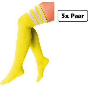 5x Paar Lange sokken geel met witte strepen - maat 36-41 - Lieskousen - kniekousen overknee kousen sportsokken cheerleader carnaval voetbal hockey unisex festival