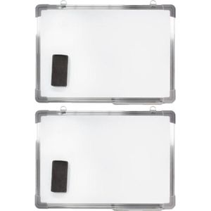 2x stuks magnetische whiteboards met pennengoot en wisser voor kantoor of thuis 50 x 35 cm - Kantoorbenodigdheden - Schoolborden