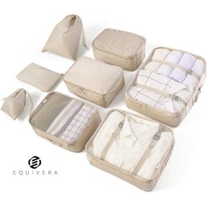Equivera Verpakkingsblokjes kofferorganizer kledingtassen - schoenentassen reisorganisator - pakkubus cosmetica reisorganisator - paktassen voor koffer - 8-delig beige - organizer voor op reis Backpack organizer