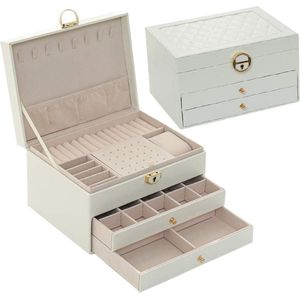 ATV PERFECTUM Sieradendoos Wit - Juwelendoos 3 lagen - Luxe Sieraden Doos Dames - Sieradenhouder - Tijdloos Design - Kunstleer Ketting, Armband, Ring, Oorbellen & Horloges Bijouteriedoos