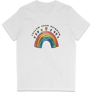 T Shirt Dames en Heren - Regenboog en Tekst: Follow Your Rainbow - Wit - L