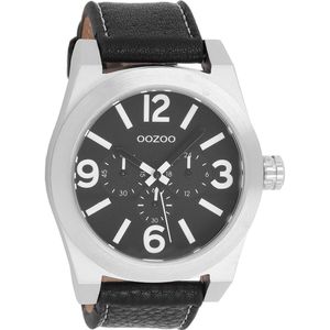 OOZOO Timepieces - Zilverkleurige horloge met zwarte leren band - C6734
