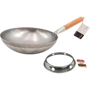 Wok pan van roestvrij staal Ø 30 cm - met houten handvat - roestvrijstalen pan met ronde pan bodem - ideaal voor zijfornuis van een grill of gasfornuis, incl. wokring