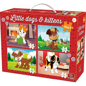 4 in 1 Puzzel - Honden en Katten - Vier Kinderpuzzels in een Koffertje - King