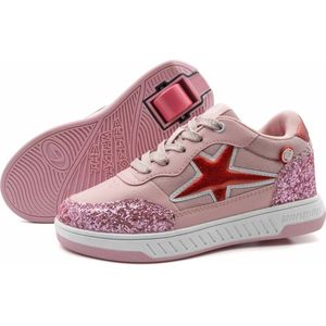 Breezy Rollers Kinder Sneakers met Wieltjes - Glitter Roze - Schoenen met wieltjes - Rolschoenen - Maat: 36