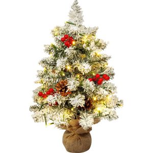 Uten kleine kerstboom met sneeuw - mini kerstboompje met verlichting - 40 LED - Mini kerstboom met decoratie - Dennenappels en Rode Besjes - H55 x Ø34 cm