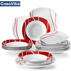CasaVibe Serviesset – 18 delig – 6 persoons – Porselein - Luxe – Wit met Print - Rood– Bordenset – Dinner platen – Dessertborden - Felisa