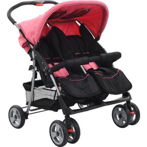 vidaXL - Tweelingkinderwagen - staal - roze - en - zwart