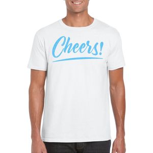 Bellatio Decorations Verkleed T-shirt voor heren - cheers - wit - blauwe glitter - carnaval L