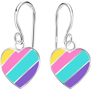 Joy|S - Zilveren hartje bedel oorbellen - multicolor strepen - oorhangers