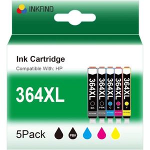 INKFIND 364XL voor HP364 HP 364 HP364X HP 364XL inkt van 5 stuks (PhotoZwart, Zwart, Cyaan, Magenta, Geel) voor HP Photosmart 5510, 5514, 5515, 5520, 5522, 5524, 5525, 6510, 6520, 6525, 7510, 7520, B109n, B110, B209a, B210, B8550, C5380, C6380, D5460