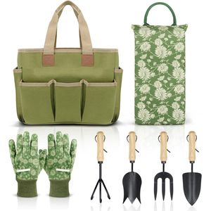 Tuingereedschapset 8-delig tuingereedschap met houten handvat inclusief tuintas, kniebeschermers, handschoenen, snoeischaar, troffel, tulpentroffel, cultivator - tuincadeaus voor mannen en vrouwen