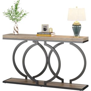 Consoletafel - Sidetable - met O-vormige Gouden Metalen Poten - Haltafel - Wandtafel - 140x30x80 cm - Grijs en Zwart - Metaal en Hout - Modern - Console Tafel