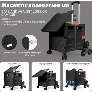 Boodschappentrolley Opvouwbare Draagbare Winkelwagen met Trapklimwielen Compacte Mand met Magnetische Deksel Rolcontainer met Uitschuifbaar Handvat Lichtgewicht Zwaar 80kg - Zwart