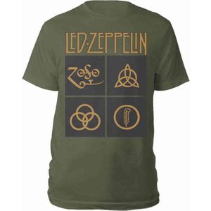 Led Zeppelin Heren Tshirt -L- Gold Symbols In Black Square Groen