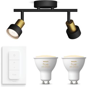 Philips Hue Conduit Opbouwspot (Zwart/Goud) - Warm tot Koelwit Licht - Incl. Hue Dimmer Switch - Plafondspot met 2 Lichtpunten - GU10 - Hue White Ambiance