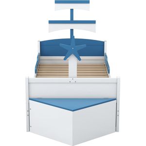 Merax Kinderbed 90x200 cm – Houten Bed in Zeilbootvorm met Uittrekbaar Logeerbed en Opbergkast - Blauw (Zonder Matras)