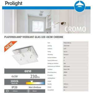 PROLIGHT plafondlamp - 4x3W - LED GU10 - 22cm x 22cm - chroom met glas