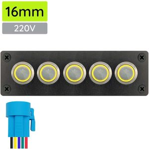 ProRide Metalen Drukschakelaars ON-OFF 220V - 16mm - Vijfvoudig inbouwpaneel - IP67 - LED indicatie Geel