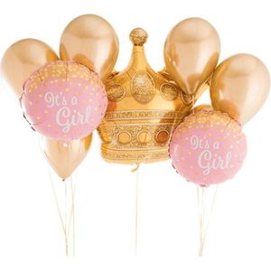 Luxe Grote Geboorte Folie ballonnen set Meisje | It's a Girl - Baby | 9 stuks | 18 inch | Kroon | Babyshower - Kraamfeest - Decoratie - Feest - Kraamtijd - Kraamborrel - Versiering | Rose - Wit – Metallic - Goud - Dochter - Zusje