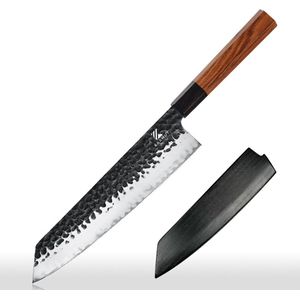 Kaamut® Professioneel Kiritsuke Mes - 23 CM - Aus-10 Japans Staal (3 Lagen) - Gehamerd & Zwarte Unieke Finish - Vlijmscherp - Topkwaliteit - Ebbenhouten & Mkuruti Handvat - Incl. Houten Schede - Luxe Geschenkverpakking