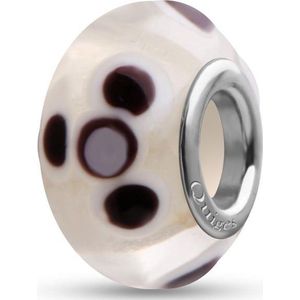 Quiges - Glazen - Kraal - Bedels - Beads Transparant met Wit Zwarte Bloemen Past op alle bekende merken armband NG804