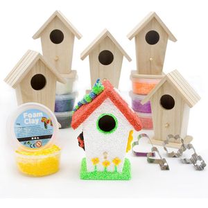 Knutselpakket Kinderfeestje - 6 x Vogelhuisjes versieren met Foam Clay